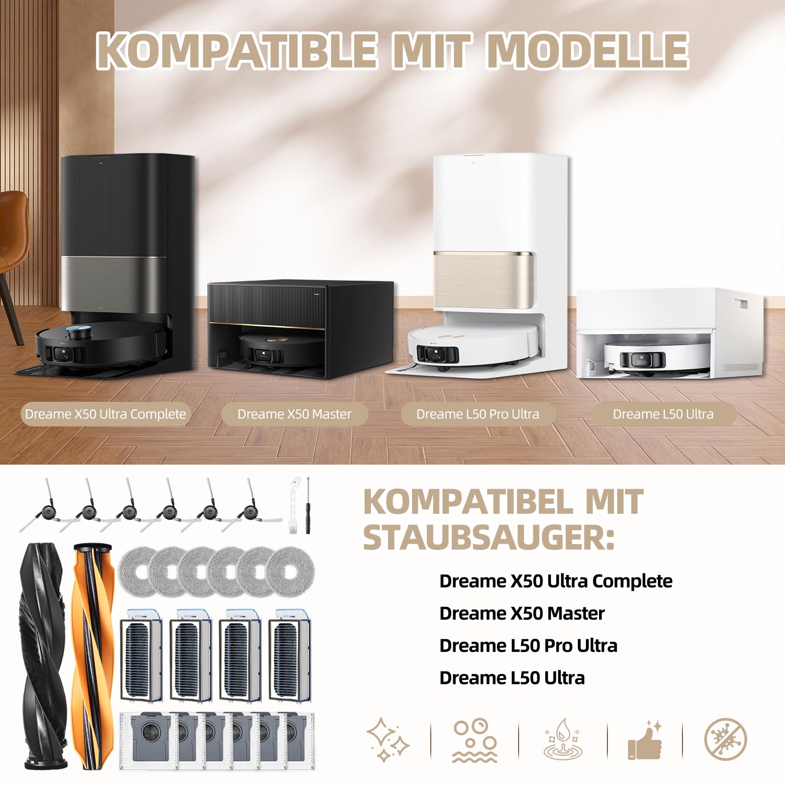 26 Stück Zubehör für Dreame X50 Ultra Complete / L40s Pro Ultra / Matrix10 Ultra/Mova V50 Ultra Saugroboter, 2 Hauptbürste 6 Wischpad 6 Beutel 6 Seitenbürste 4 Filter 1 Reinigungsbürste 1 Screwdriver 2
