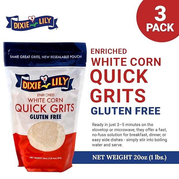 DIXIE LILY WHITE CORN GRITS – ENRICHED WITH IRON, NIACIN, THIAMINE, RIBOFLAVIN – CLASSIC SOUTHERN TASTE – CERTIFIED NON-GMO – 3-PACK, 20OZ