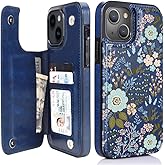 uCOLOR Compatible with iPhone 15 6.1" Wallet Case with Card Holder Slot Folio Flip PU Leather Kickstand Double Magnetic Clasp and RFID Blocking Design Cover 6.1 Inch (Navy Blue Flowers)