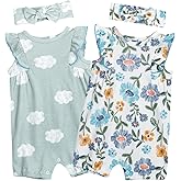 Minicoco Baby Girls Ruffled Sleeve Rompers Toddler Girls Jumpsuits One-Piece Cotton Outfits