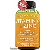 Viva Naturals Vitamin C and Zinc Supplements 1000mg - Zinc 20mg (250 Veggie Capsules) - High-Potency &amp; Vitamin C with Zinc for Immune Support - Non-GMO, Gluten Free (8 Months Supply)