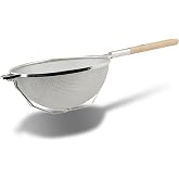 Winco 14" Tan Double Mesh Tin-Plated Steel Strainer, Nickel Plated | Double mesh, Wire handle, Hanging loop, Great for Draining Pasta, Rinsing Produce, Straining and Kitchen Prep