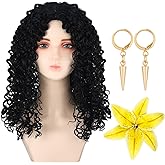 Yinder 3 Pcs Mother Witch Halloween Costume Black Curly Wig Wavy Wig Yellow Flower Gold Cone Earrings Movie Cosplay Costume for Halloween Women Mother Adult Witch Fairytale Party Accessories