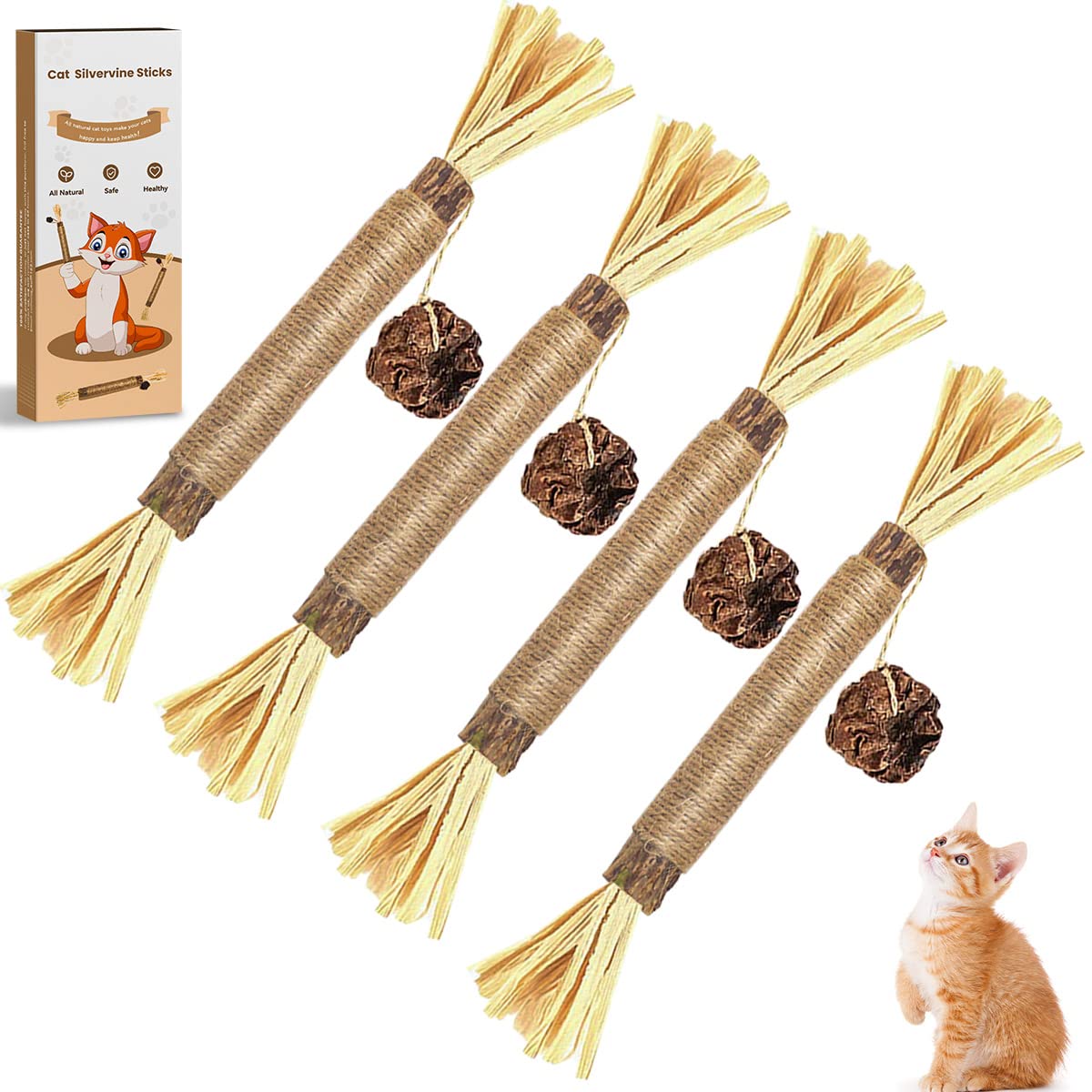 Aucenix Catnip Chew Sticks for kitten, Natural Matatabi Silvervine Cat Toy for Cat Teeth Cleaning, Silvervine for Cats Toys with Catnip, Cat Dental Sticks kitten Toys for Indoor Cats (3, Brown)