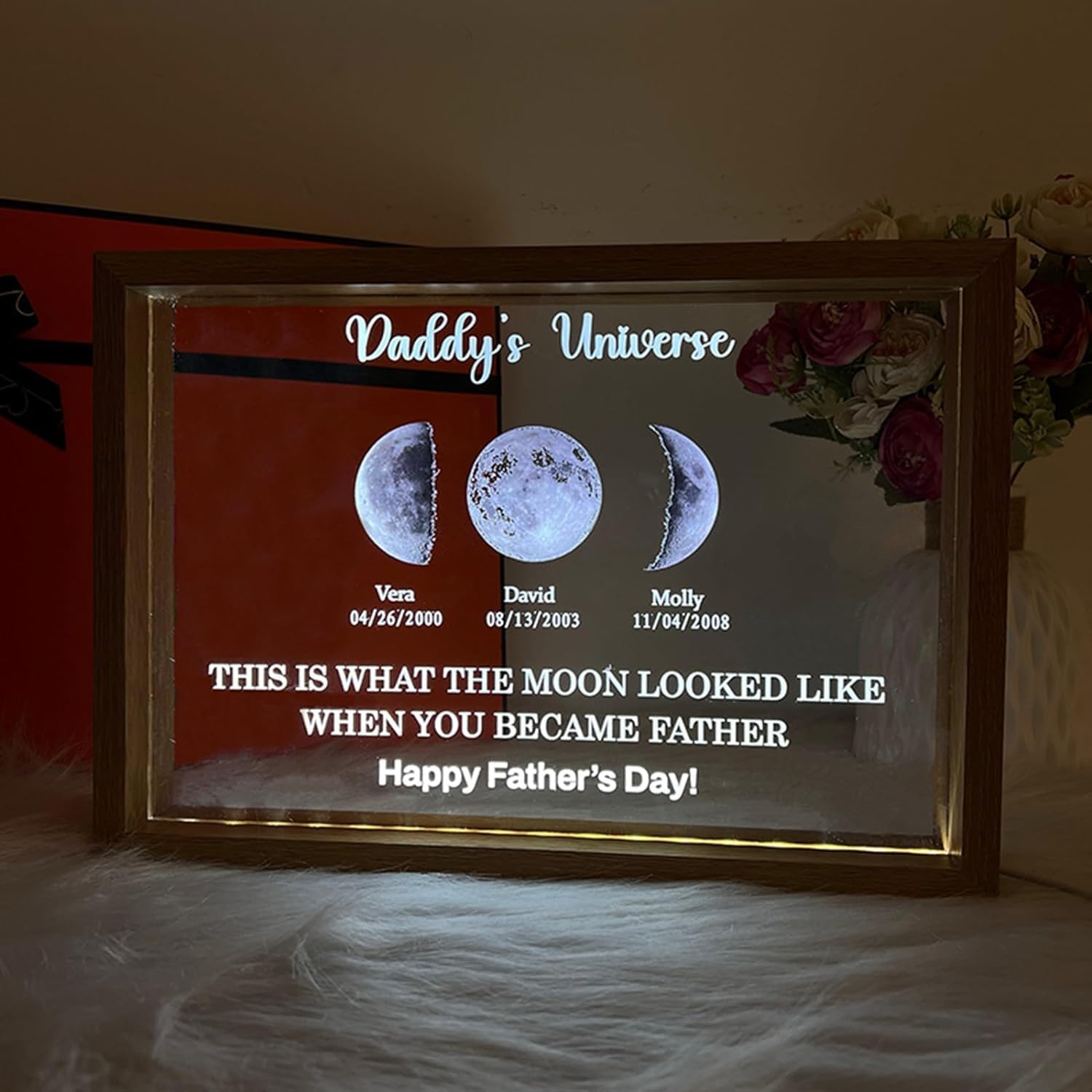 Personalized Moon Phase Light Frame for Dad/MOM and Family Custom LED Frame with Kids Names and Birthdates Perfect Gift for Father's Day Mother's Day Birthdays and Anniversaries
