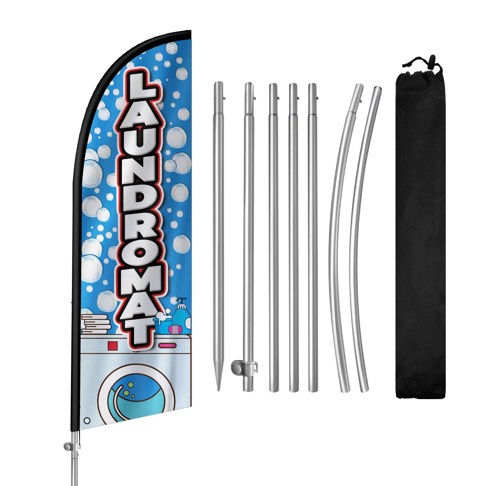Photo 1 of QSUM Laundromat Flag for Business, Laundromat Signs, 8FT Polyester Advertising Swooper Flag with Aluminium Alloy Flag Pole Kit, Stainless Steel, Ground Spike, Portable Bag