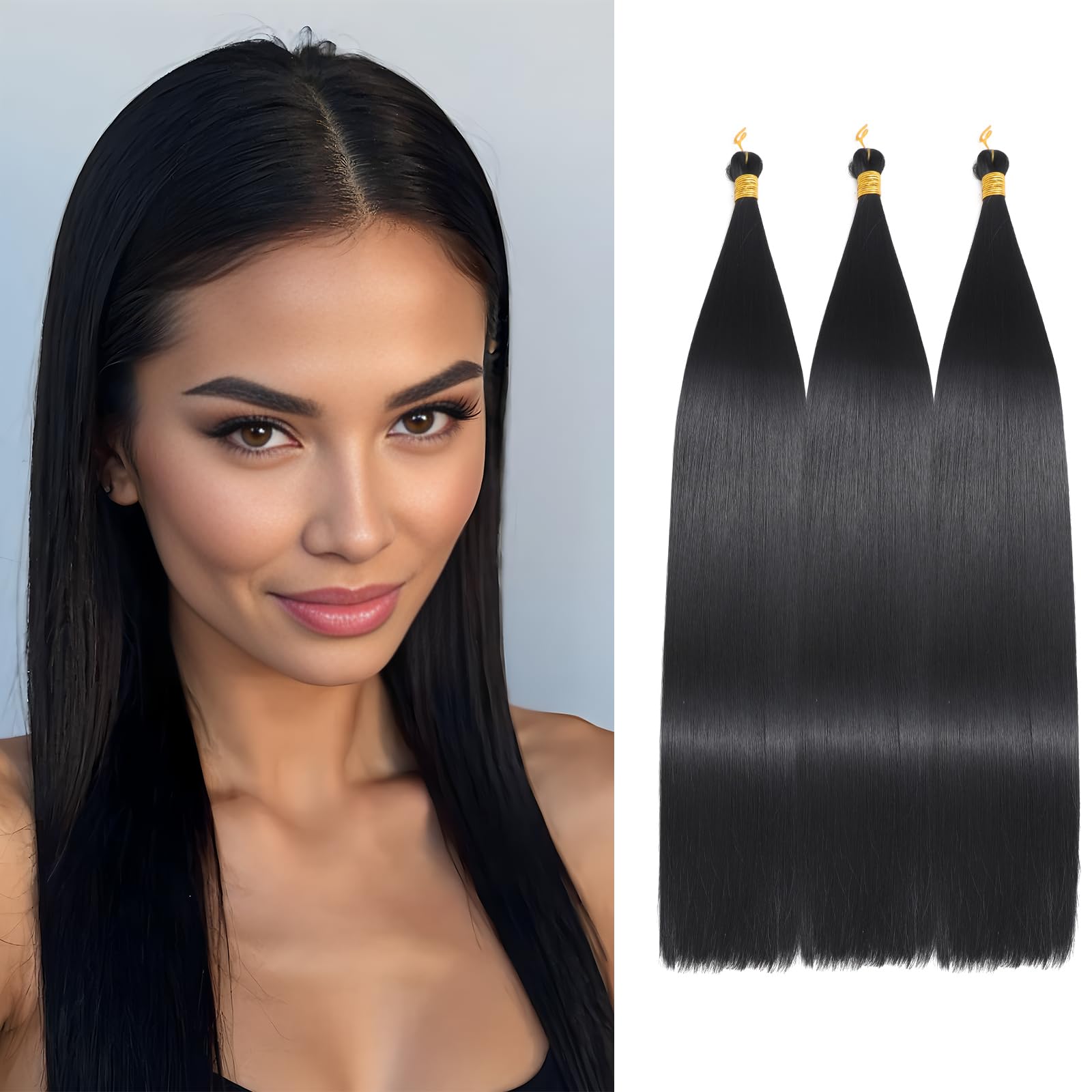 Locescsoc 24 Inch Bone Straight Braiding Hair 150g 3 Packs Straight Hair Extensions, Ariel Straight Hair Bundles, Silky Soft Synthetic Hair for Women (1B#)
