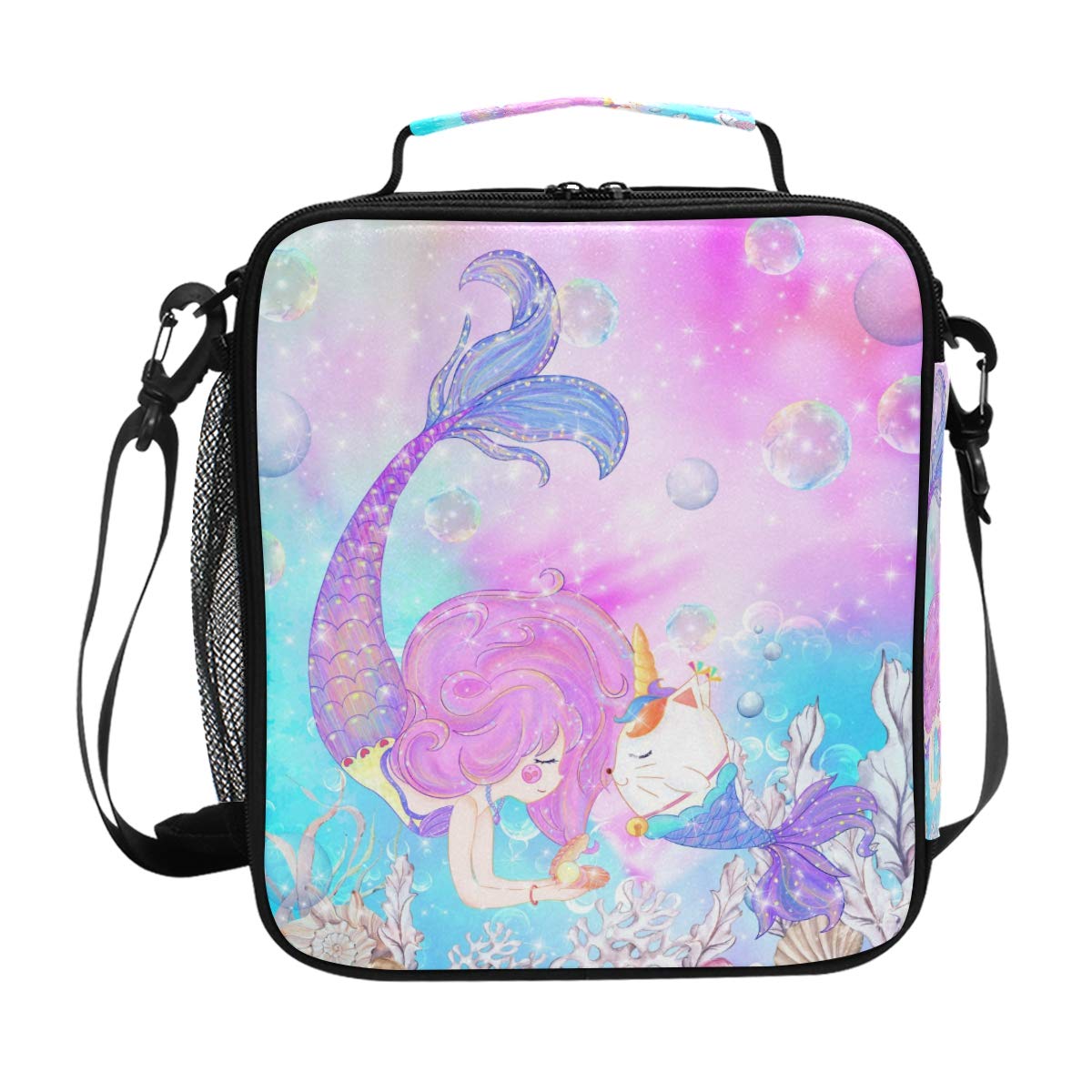 FFY Go Girls Mermaid Unicorn Cute Pink Blue Cat Lunch Bags Large Insulated Lunch Box Tote Bag Cold Thermal Freezable Shoulder Strap for Kids Teen School Work