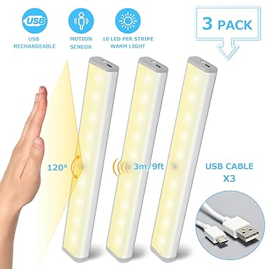 3er Wiederaufladbare LED Unterbauleuchte mit Bewegungsmelder, Fansteck Dimmbare Schrankbeleuchtung Kabinett Nachtlicht 4000K 