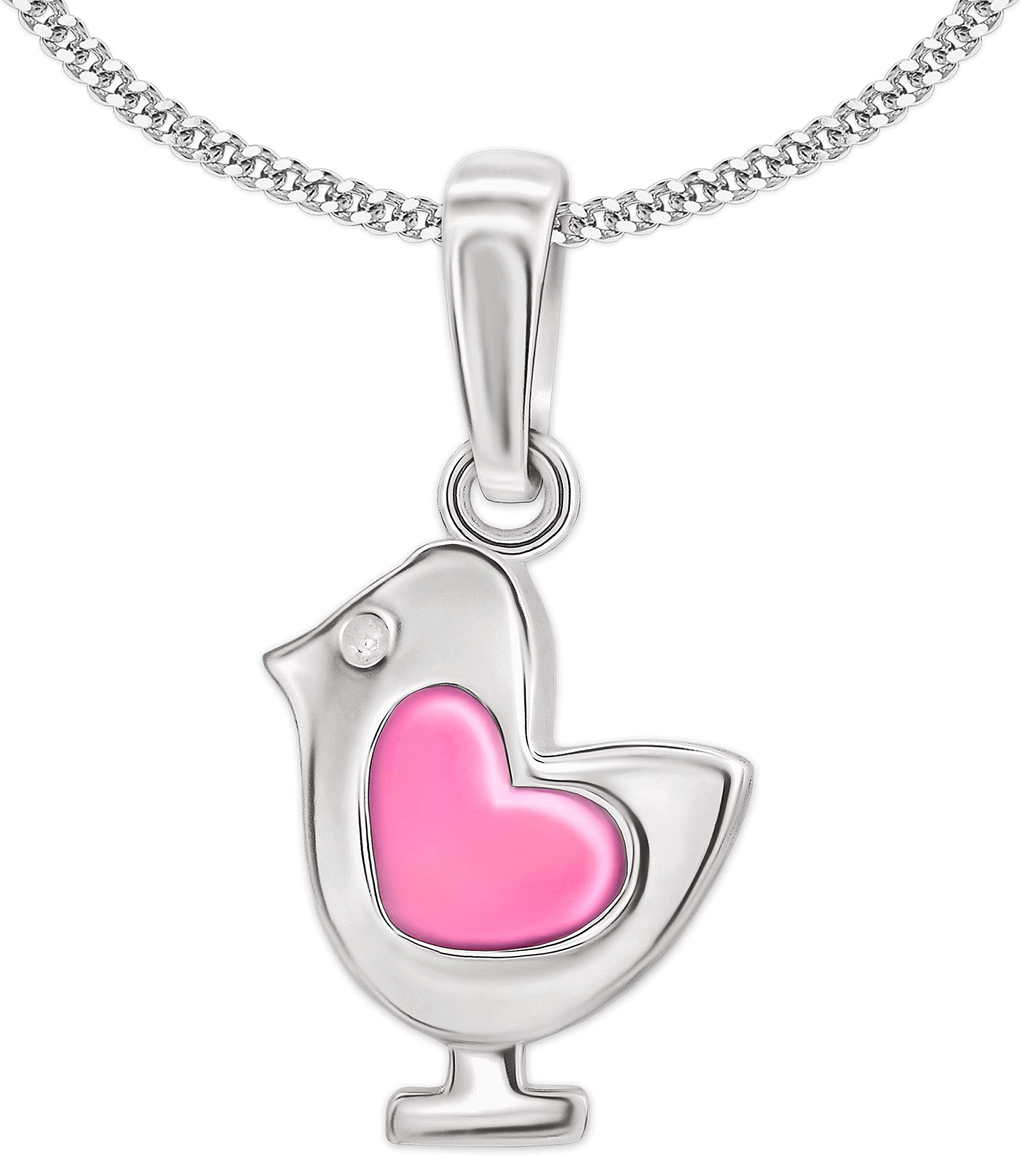 Clever Jewellery Set Silver Mini Children's Pendant Small Chick 10 x 8 mm Sparrow Bird with Heart Pink Lacquered Shiny & Curb Chain 38 cm Sterling Silver 925 Easter Gift