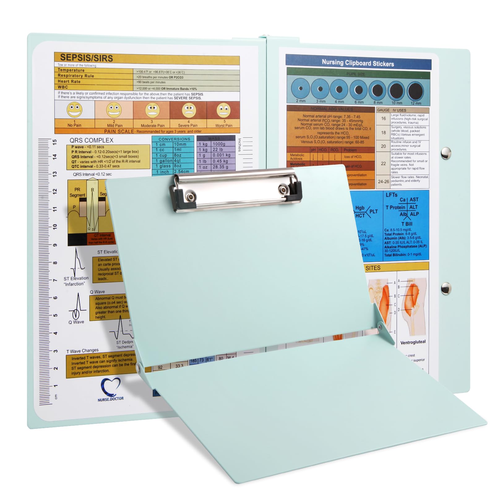 Photo 1 of ***DAMAGED - SEE NOTES/PICTURES*** *** CLIPBOARD IS BENT *** Nursing Clipboard with Nursing and Medical Edition Cheat Sheets Nursing School Essentials - Aluminum Foldable Nurse Clip Boards Essential Accessory for Efficient Patient Care (Mint)