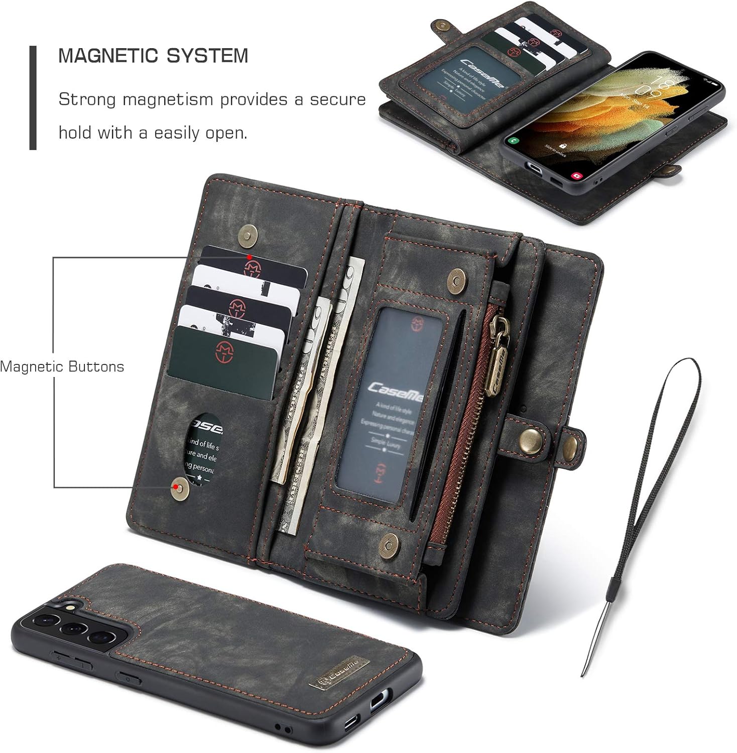 UFinetech Detachable Samsung Galaxy S21 Plus Case Wallet Magnetic Flip Design TPU Leather Card Holder Slot Zipper Stylish Luxury 2-in-1 Cover Purse Holster for Samsung Galaxy S21+ 5G 2021 Black - Image 4