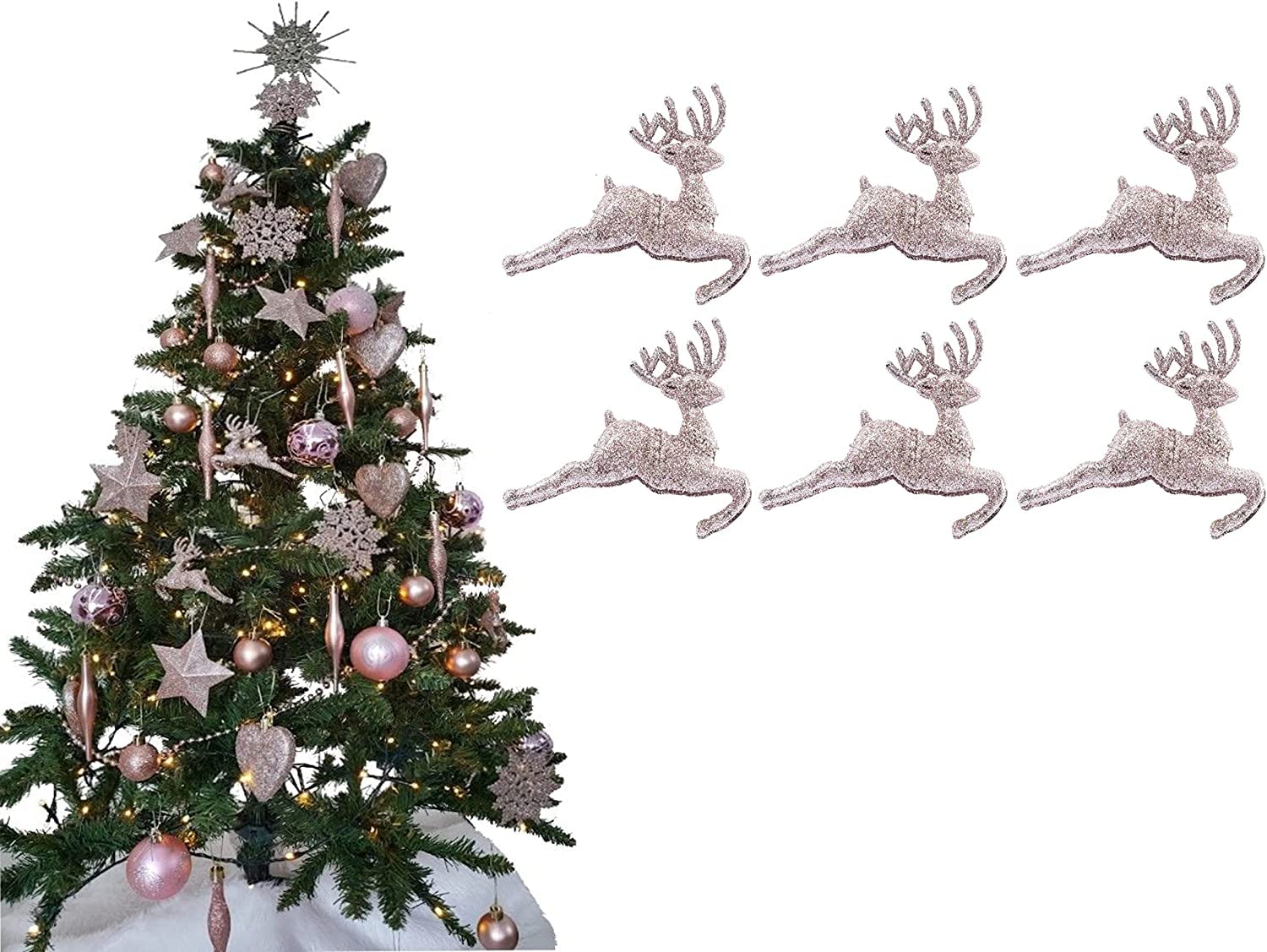UKDeals Direct® ROSE GOLD COLLECTION CHRISTMAS DROPLET BAUBLES TREE DECORATIONS GLITTER MATT ICICLES (Pack of 6 Reindeer)