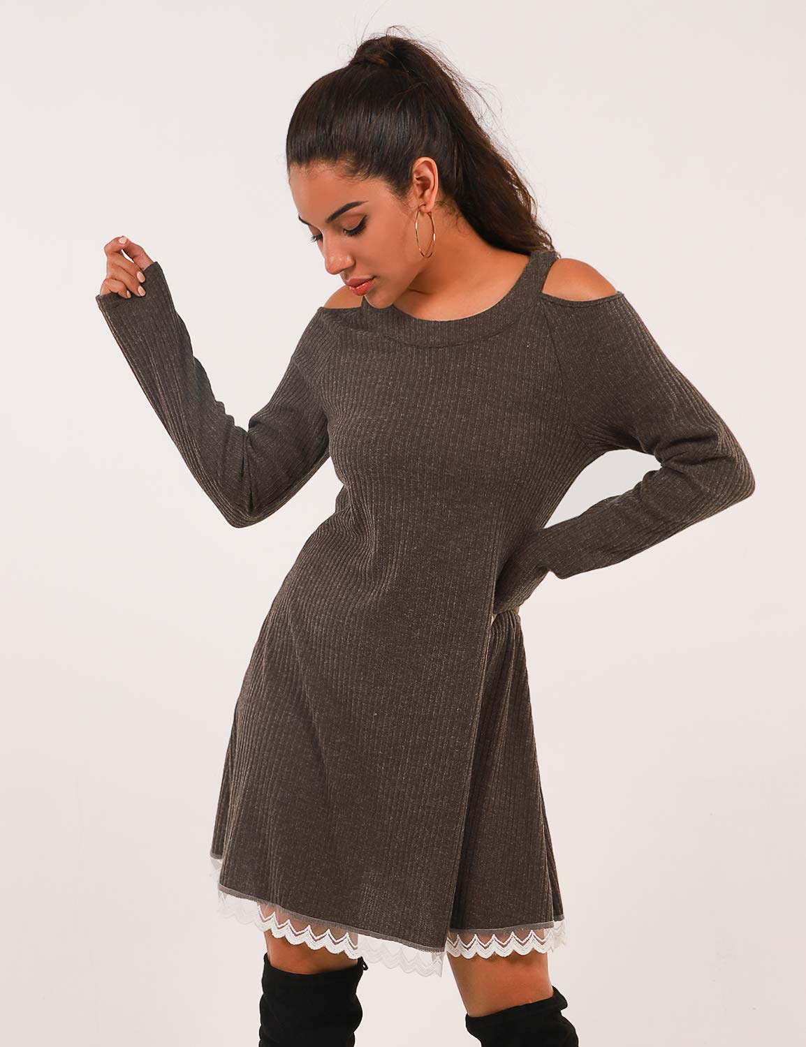 Blooming Jelly Women\'s Casual Cold Shoulder Lace Sweater Dress Long Sleeve Pleated Knit-Ribbed Swing Tunic Dress(M, Brown)