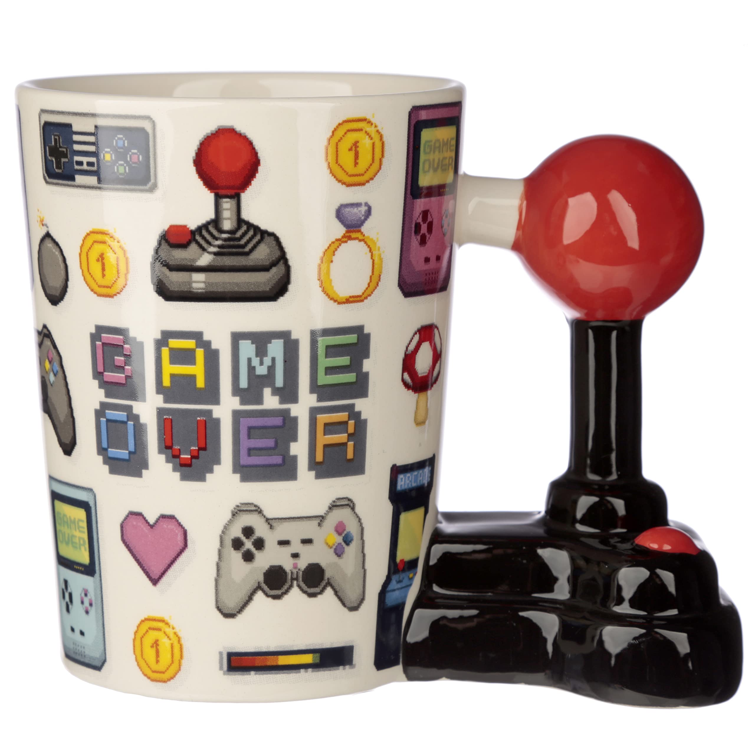 Puckator Pixel Decal Game Over Joystick Ceramic Shaped Handle Tea Coffee Mug Funny Home Accessories - Cute Gifts for Girlfriend - Large Mugs for Men Women Hot Drinks - Cups Presents Secret Santa Gift