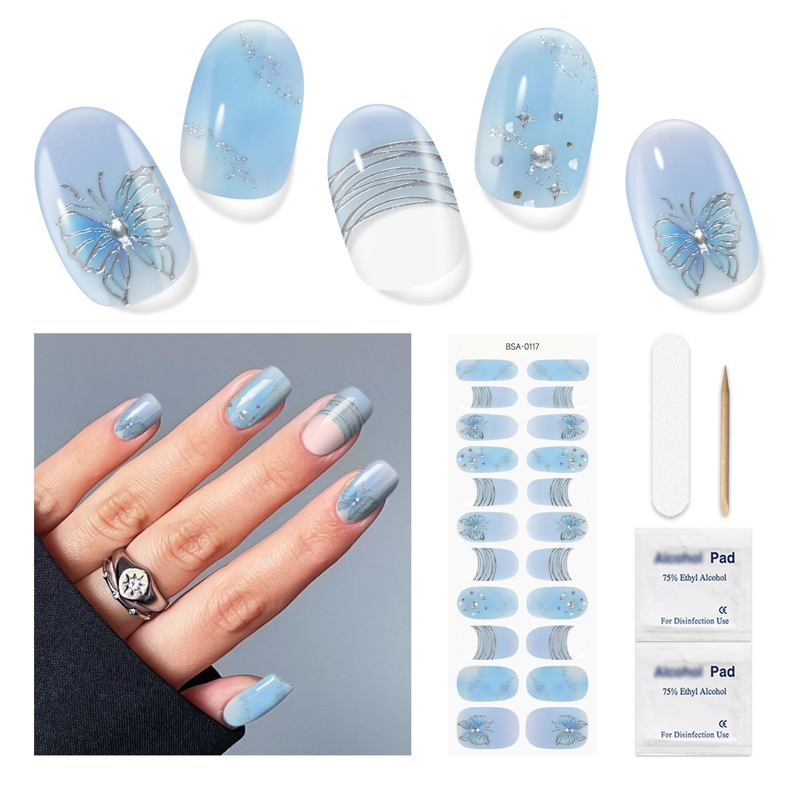 DUKASOU Semi Cured Gel Nail Strips No UV Light Needed, 22 PCS Gel Nail Stickers, Azure