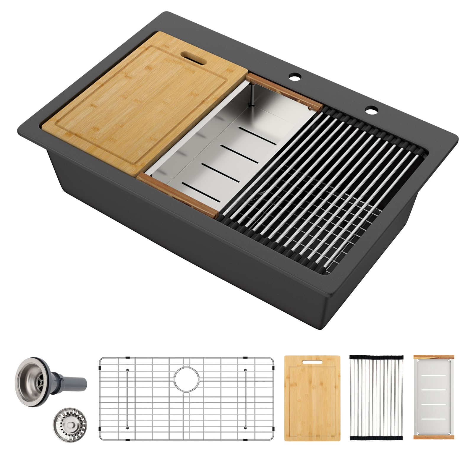 Photo 1 of **BROKEN/PARTS**Sarlai 33 Inch Composite Granite Kitchen Sink - 33x22 Inch Black Kitchen Sink Workstation Drop In Topmount Sinks Granite Quartz Single Bowl Above Counter Sinks Basin