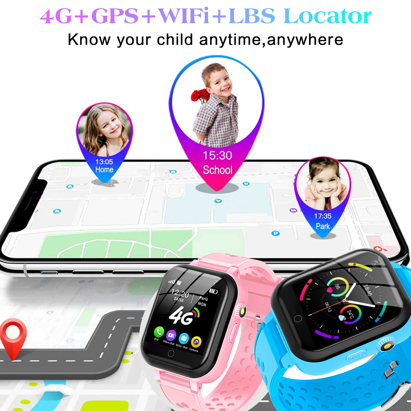 DDIOYIUR Smart Watch for Kids, 4G Kids Phone Smartwatch with GPS Tracker, WiFi SMS, Call, Voice Video Chat, Bluetooth, Audio Recording, Alarm, Pedometer, Wrist Watch for 4-16 Boys Girls Birthday Gifts