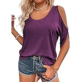Aoysky Women Cold Shoulder Tops Summer Short Sleeve Shirt Scoop Neck Tee Casual Loose Fitting Solid Color Tunic Top