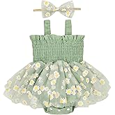 Aenbilo Baby Girl Summer Clothes Sleeveless Girl Clothes Cute Lace Daisy Romper Bodysuit Summer Outfits Headband 0-12Months