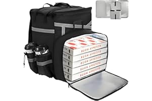ZAVOOS Food Delivery Backpack, Expandable Insulated Pizza Bag with 4 Cup Holders, Large Waterproof Catering Bag with Reflective Strip Support Boards for Delivery Bike, Doordash