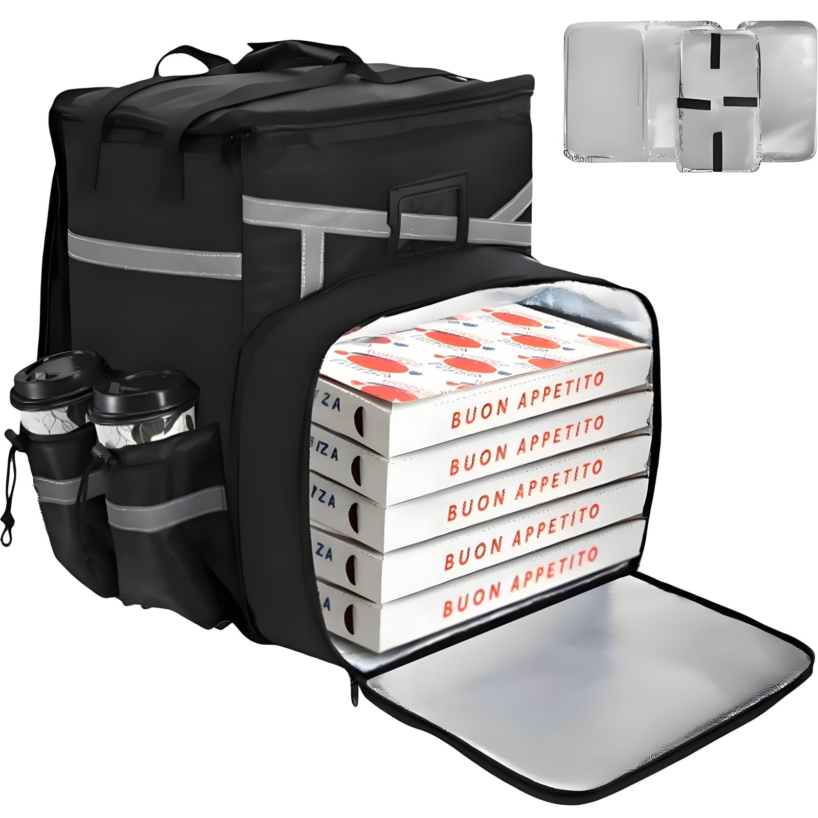 Photo 1 of ZAVOOS Food Delivery Backpack, Expandable Insulated Pizza Bag with 4 Cup Holders, Large Waterproof Catering Bag with Reflective Strip Support Boards for Delivery Bike, Doordash