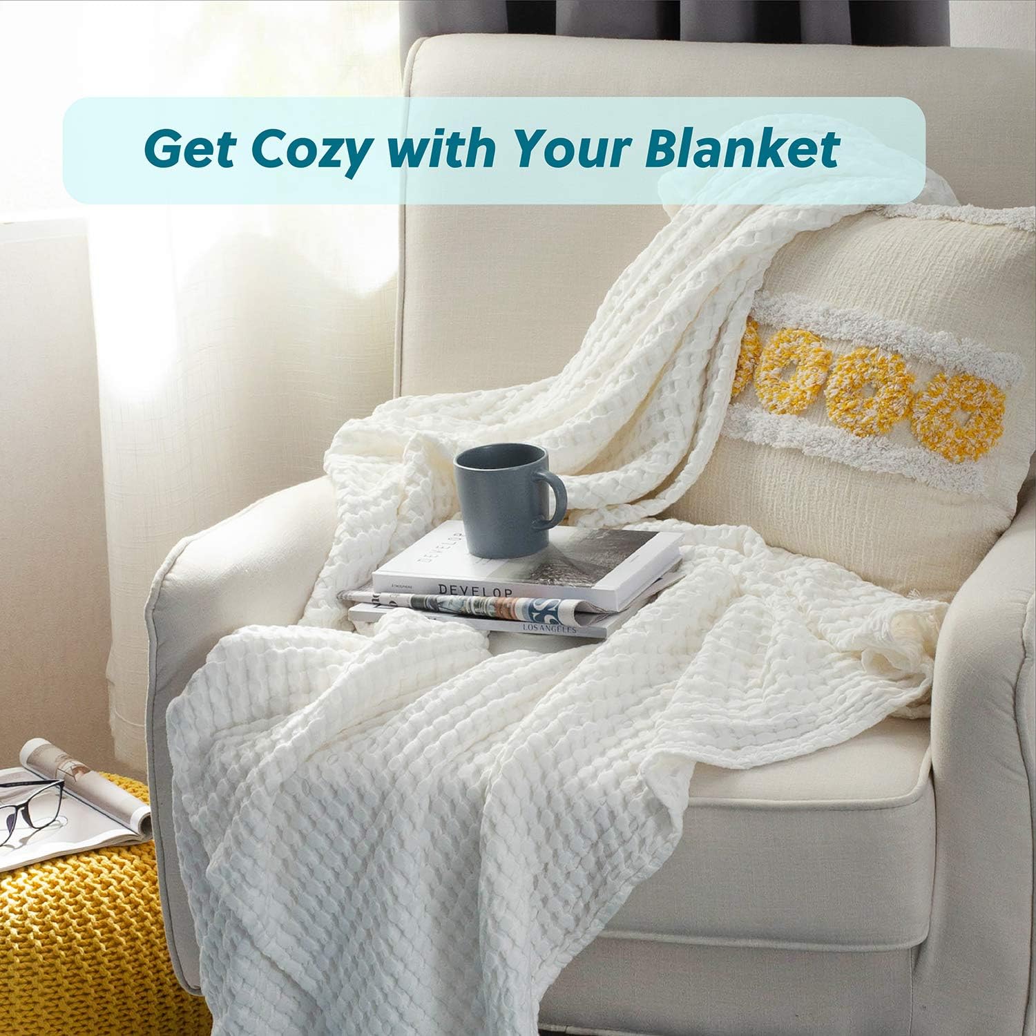 Bedsure 50% Cotton 50% Bamboo Blanket, Waffle Weave Blanket for Couch/Bed, Soft Lightweight Blanket for All Season(Full/Queen Size, 90 x 90'', White): Kitchen & Dining