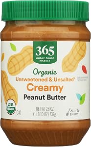 365 by Whole Foods Market, Organic Creamy Peanut Butter, Unsweetened & Unsalted, Stir and Enjoy, 26 Ounce