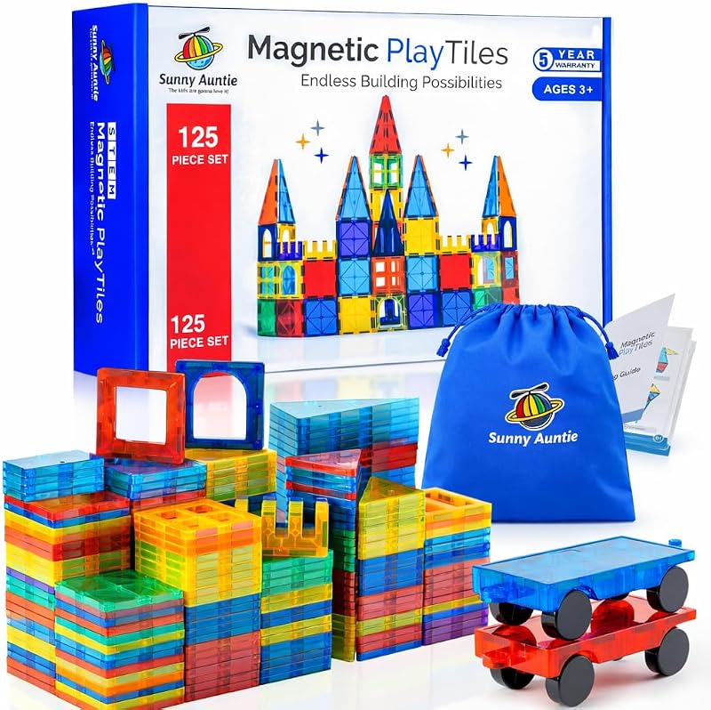 Sunny Auntie 125-Piece Magnetic Tiles XL Set with Storage Bag