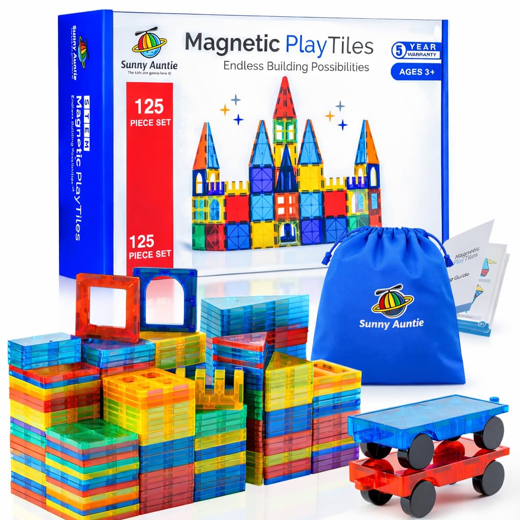 Magnetic Tiles 125 PCS (XL SET), Magnetic Tiles for Kids, Toy for 3 4 5 6 7 8 Year Old Boys & Girls, Large Building Set, Great Gift for Kids Aged 3-8, Gift Box, + Bonus Zippered Carrying CASE