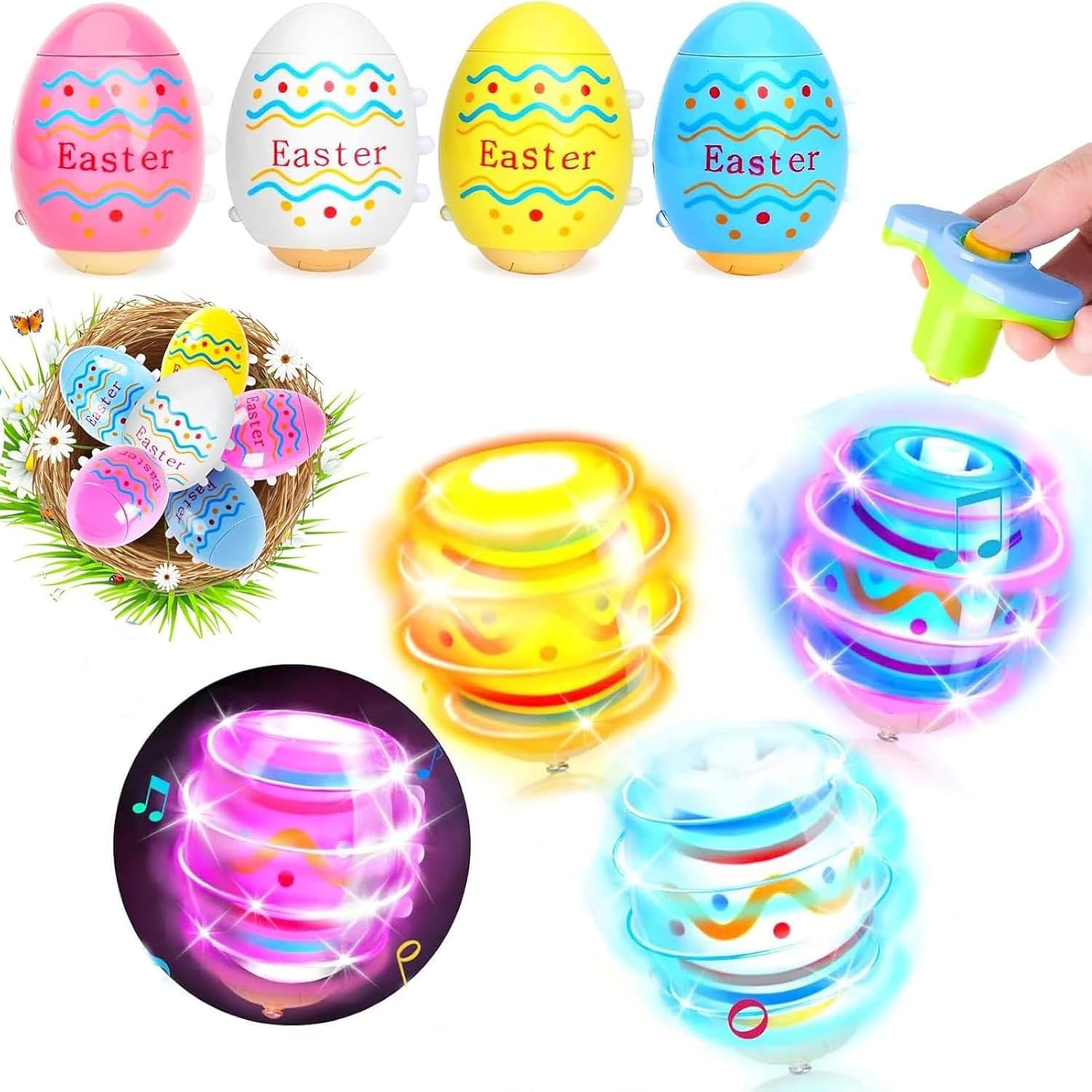 4 PCS Easter Eggs Light Up Spinning Tops Toys, Gyroscope Flashing with Music and LED Lights UFO Magic Toys, Gifts for Kids Boys Girls 3+
