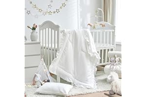 UOZZI BEDDING 3 Pieces Crib Bedding Set Baby Ruffle Quilted Comforter with Fitted Sheet and Pillowcase - Cute Ruffled Shabby Chic Bedding Soft Blanket Design White