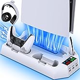PS5/PS5 Slim/PS5 Pro Stand and Cooling Station with Dual Controller Charging Station for PlayStation 5 Console, PS5 Accessories Incl. Controller Charger, Cooling Fan, Headset Holder, 3 USB Hub, White