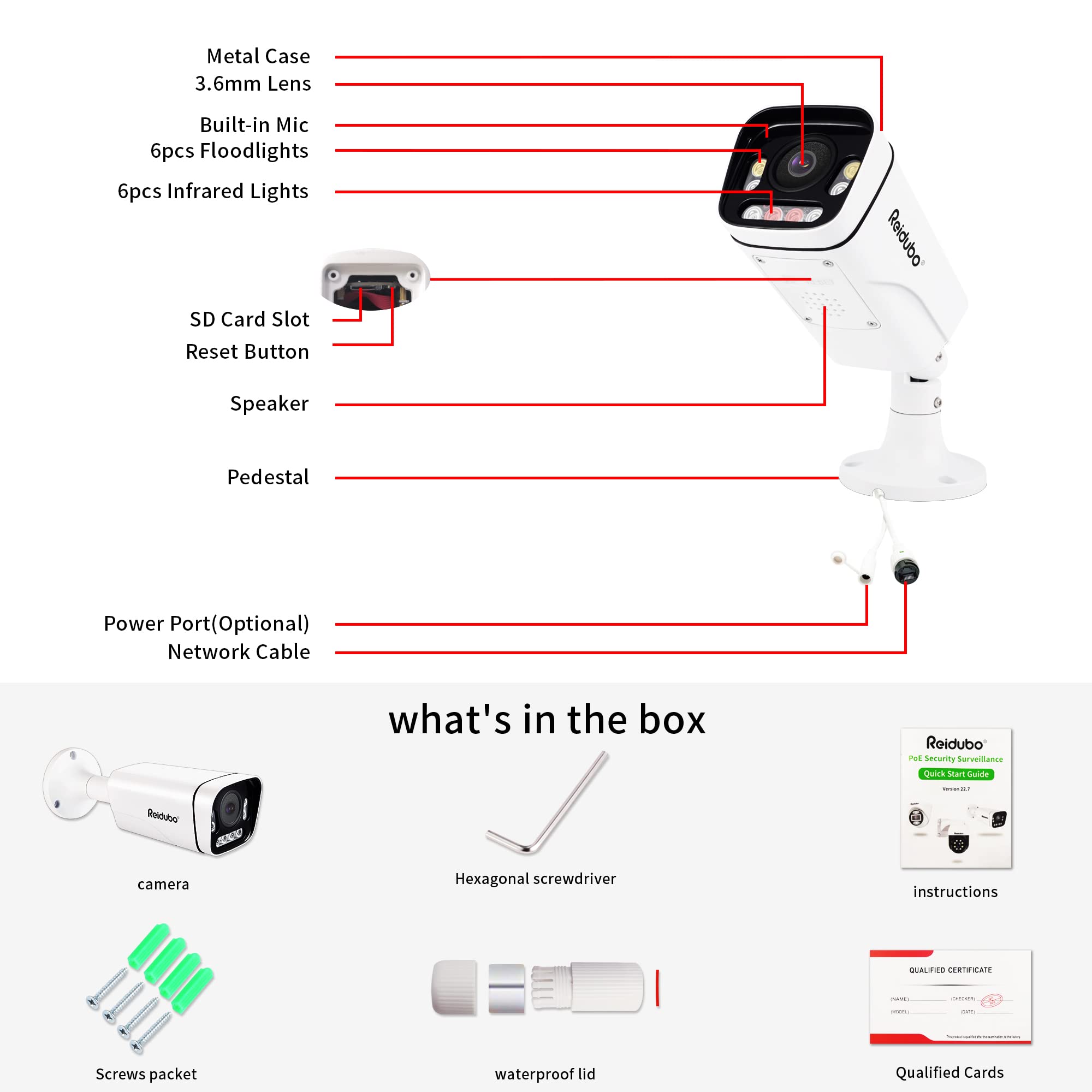 Reidubo 4K PoE Outdoor Security Cameras,8MP HD Bullet IP Security Camera@20fps, Two Way Talk, 98ft IR Color Night Vision,80° FOV, 3.6mm Lens, IP66 Waterproof, Motion Detection, Support SD Card