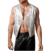 SHENHE Men's Metallic Sequin Fringe Vest Open Front Sleeveless Loose Jacket Rave Clubwear