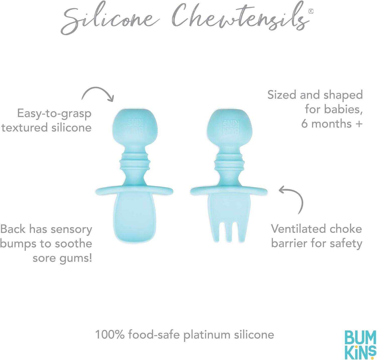Bumkins Chewtensils, 100% Silicone Baby- Led Weaning Cutlery - Fork and Spoon Pair, 6 Months+, Light Blue - Image 3