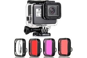 GEPULY Waterproof Housing Case with Diving Filters for GoPro Hero 5 6 7 Black Hero (2018) Cameras - 45M Underwater Diving Housing Shell with Red/Light Red/Magenta / 5X Close-up Filters