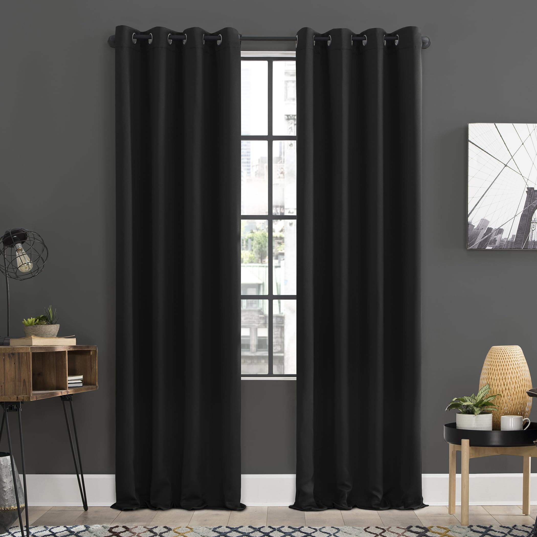 Sun Zero Soho 2-pack Blackout Energy Efficient Grommet Curtain Panel Pair, 54" x 96", Black Image
