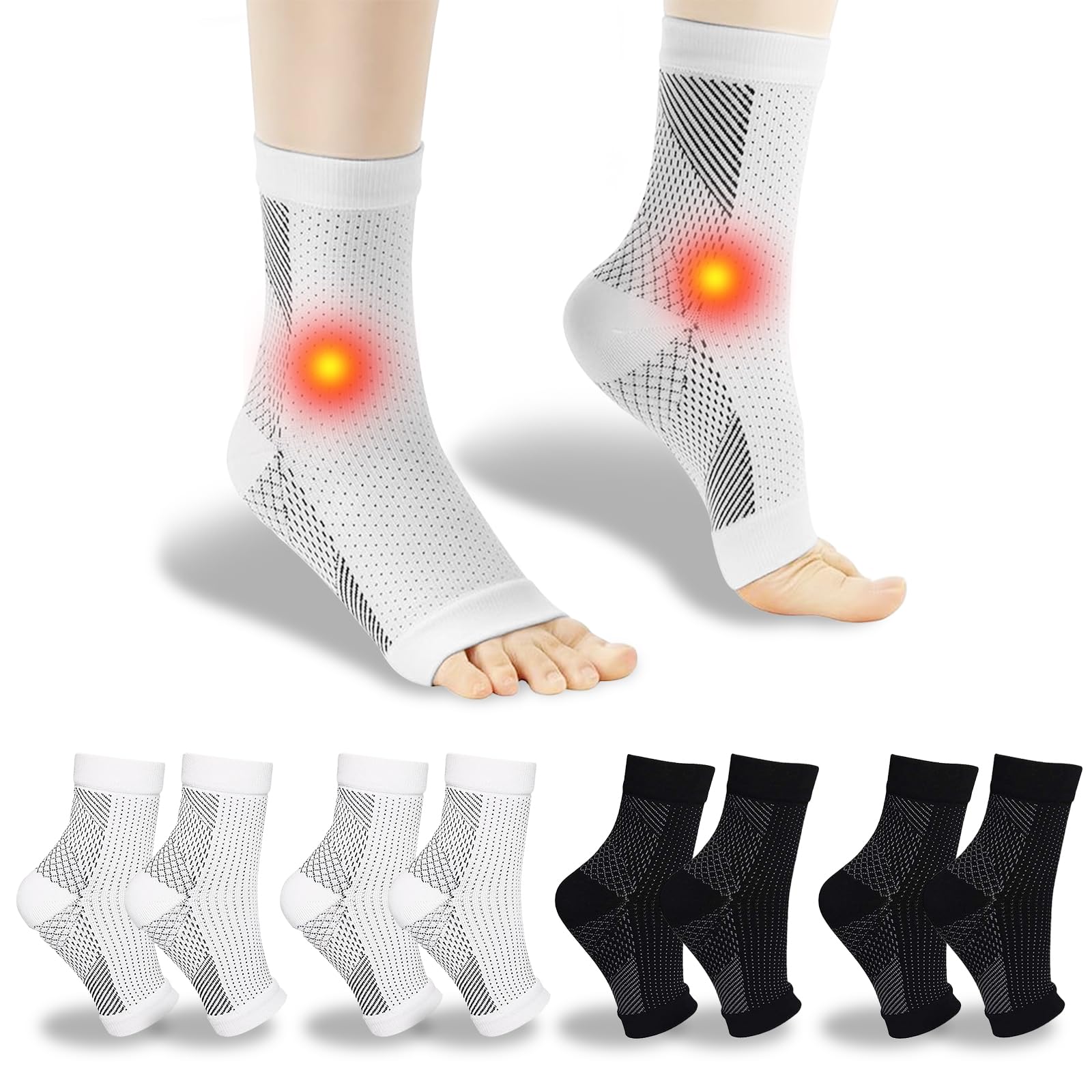 UZSUZZ Plantar Fasciitis Socks, 4 Pairs Neuropathy Socks Ankle Compression Socks for Women Men, Ankle Support Brace for Weak Sprained, Wide Calf Compression Socks (Black+White, S/M)