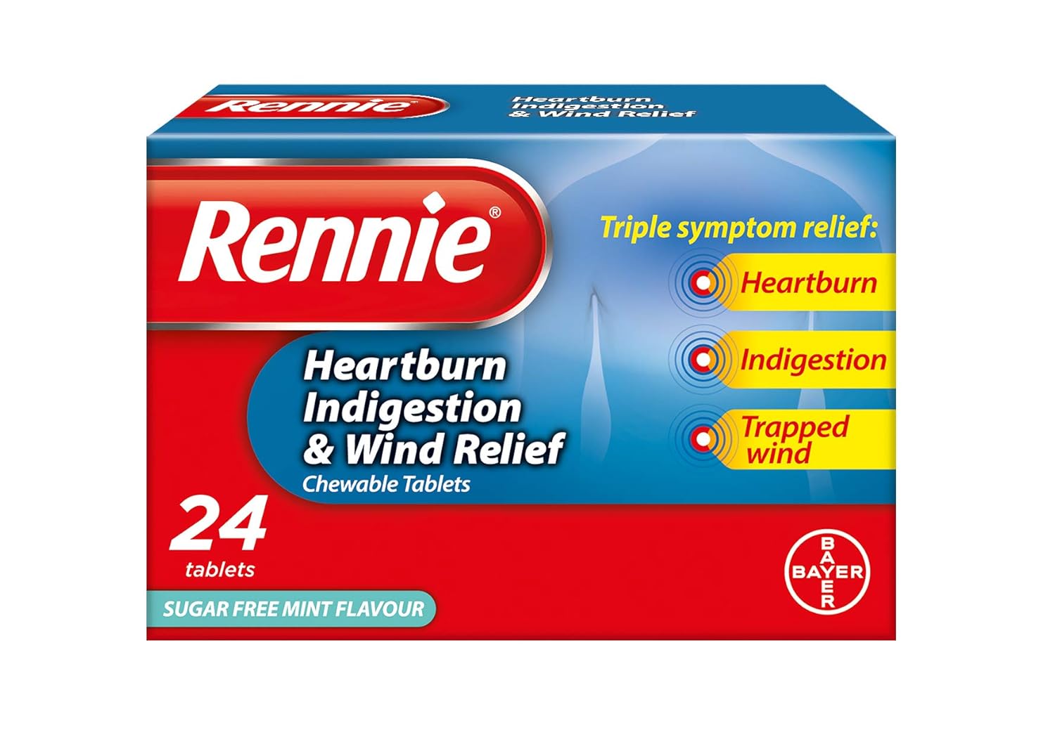Rennie Heartburn Indigestion Wind Relief Tablets Sugar Free rennie heartburn indigestion wind relief tablets sugar free mint flavour bloating relief antacids acid reflux 24 tablets