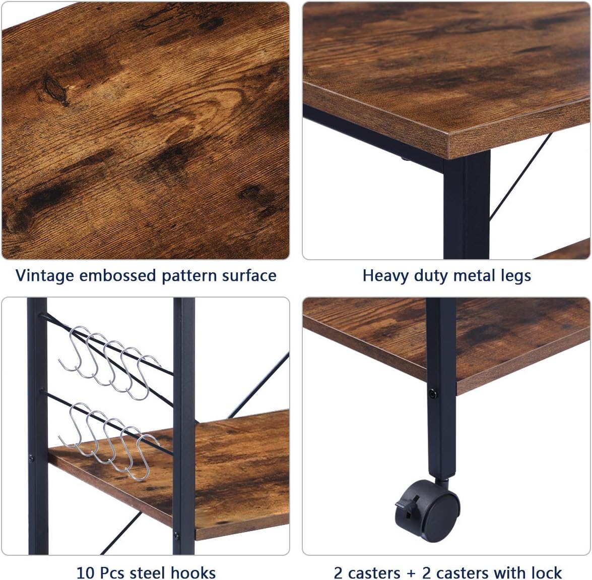 KINGSO Kitchen Microwave Cart 3-Tier Kitchen Utility Cart Coffee Cart Station Shelf Organizer Kitchen Cart on Wheels Vintage Rolling Bakers Rack with 10 Hooks for Living Room Decoration - Standing Baker's Racks