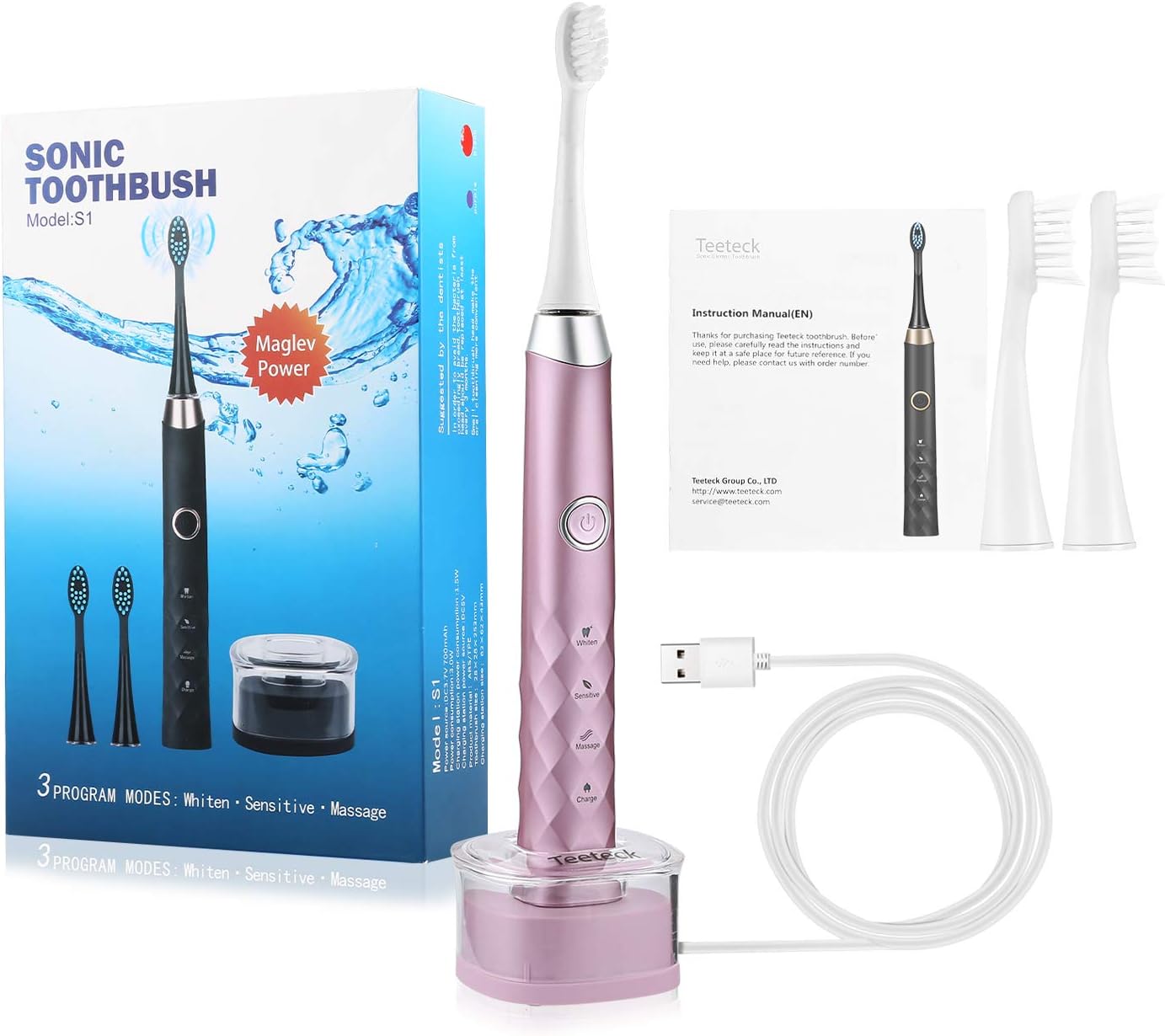 Electric Sonic Toothbrush, the Safest Inductive Charging Station, Rechargeable with Lithium-ion Cattery, 12-Hour Charging for 30 Days, Waterproof IPX7, 3 Replacement Toothbrush Heads (3 Modes, Purple)
