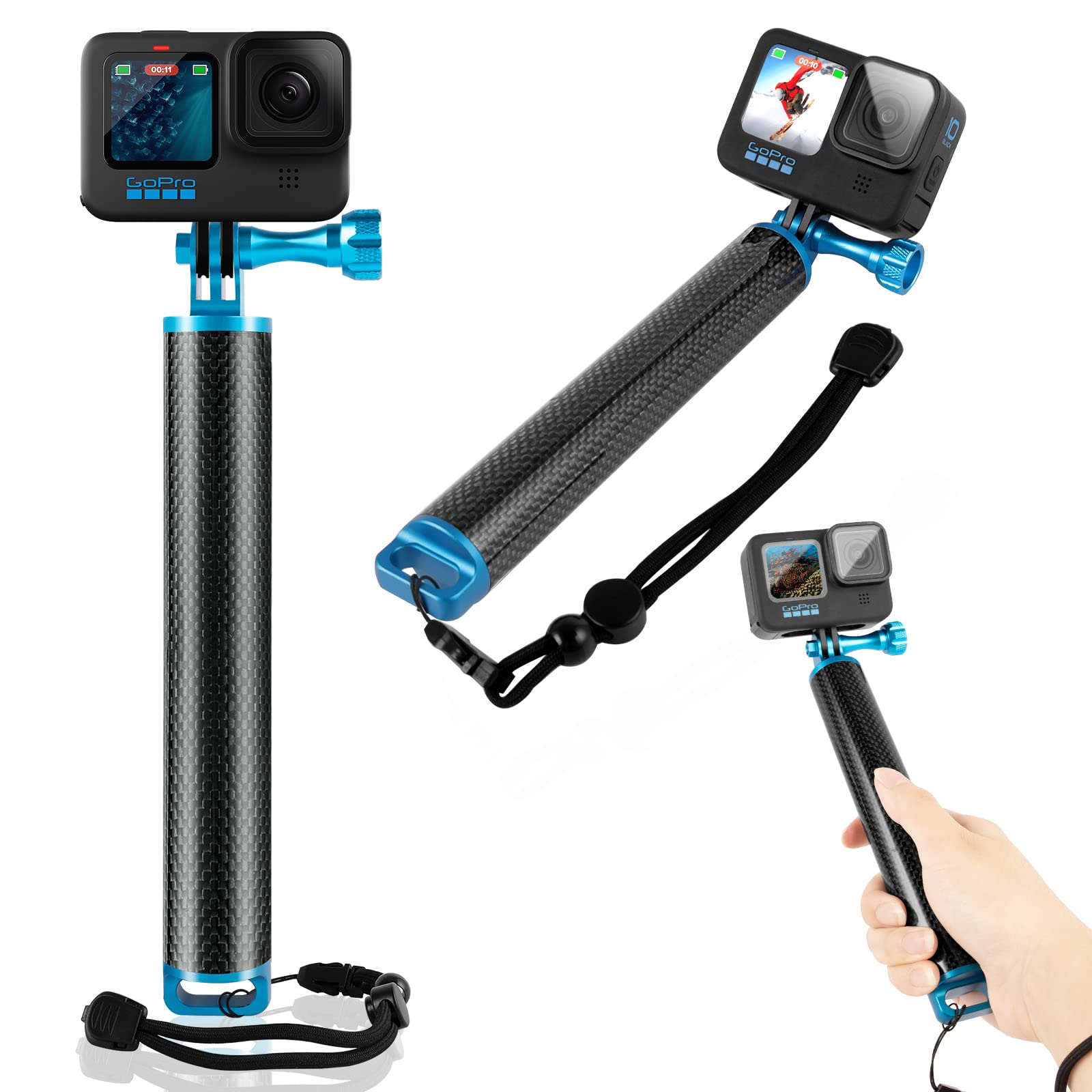 REYGEAK Carbon Fiber Waterproof Floating Hand Grip for GoPro Hero 11 10 9 8 7+ Insta360 DJI Osmo and Other Action, Underwater Selfie Stick Suitable for Surfing, Snorkeling, Underwater Shooting