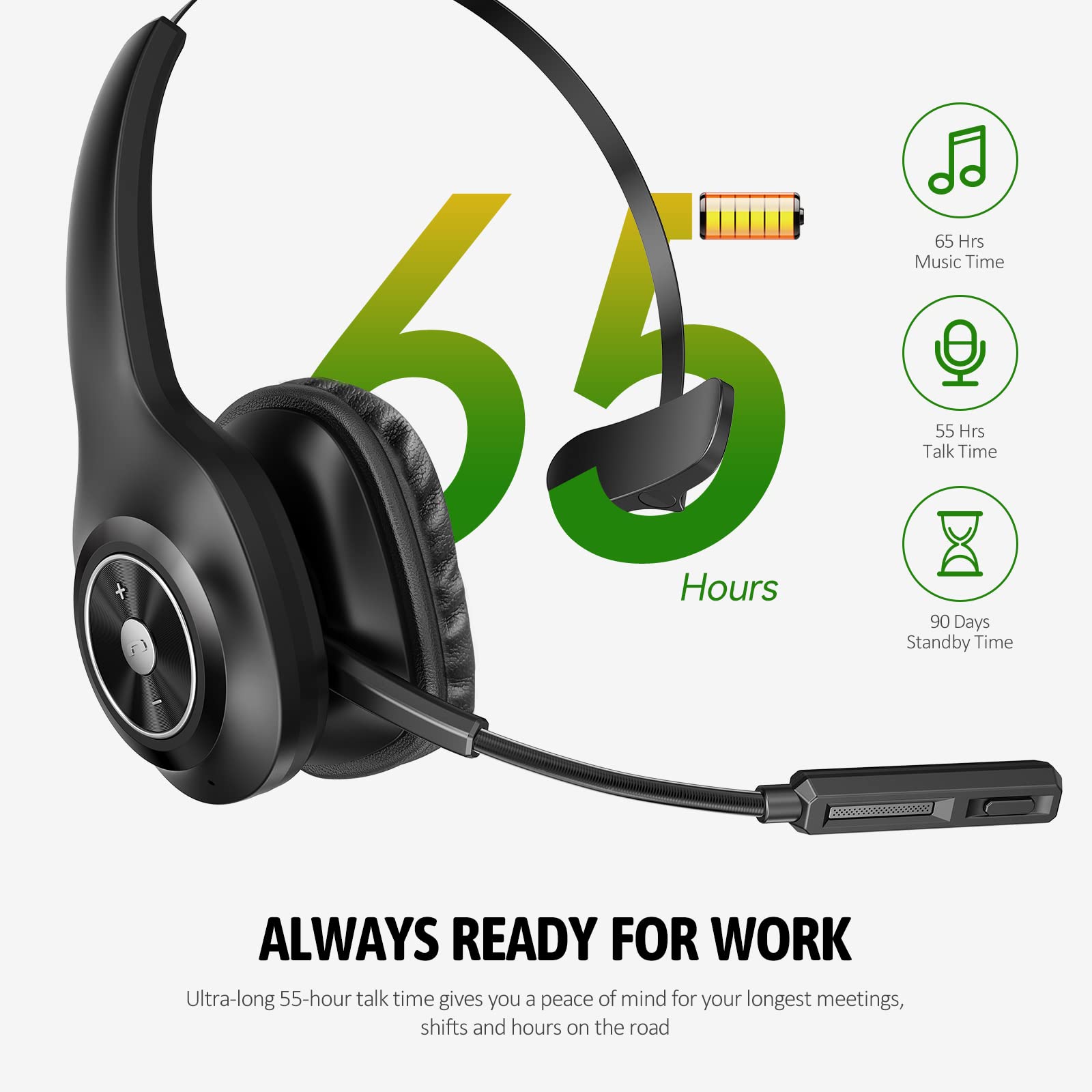 PrancyBt Trucker Bluetooth Headset, Wireless Headset with Mic for PC, Bluetooth Headset with Microphone Noise Cancelling, Mute Button, 55H Talk Time, for Cell Phones, Computer, Truck Drivers (Black)
