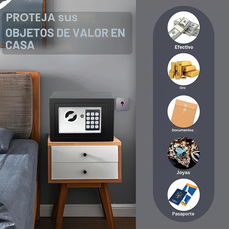 Caja fuerte 6.6L con código electrónico, alta seguridad, compacta, empotrable antirrobo, para hogar/oficina/hotel/coche. Protege joyas, efectivo, armas y otros bienes. Incluye llave.