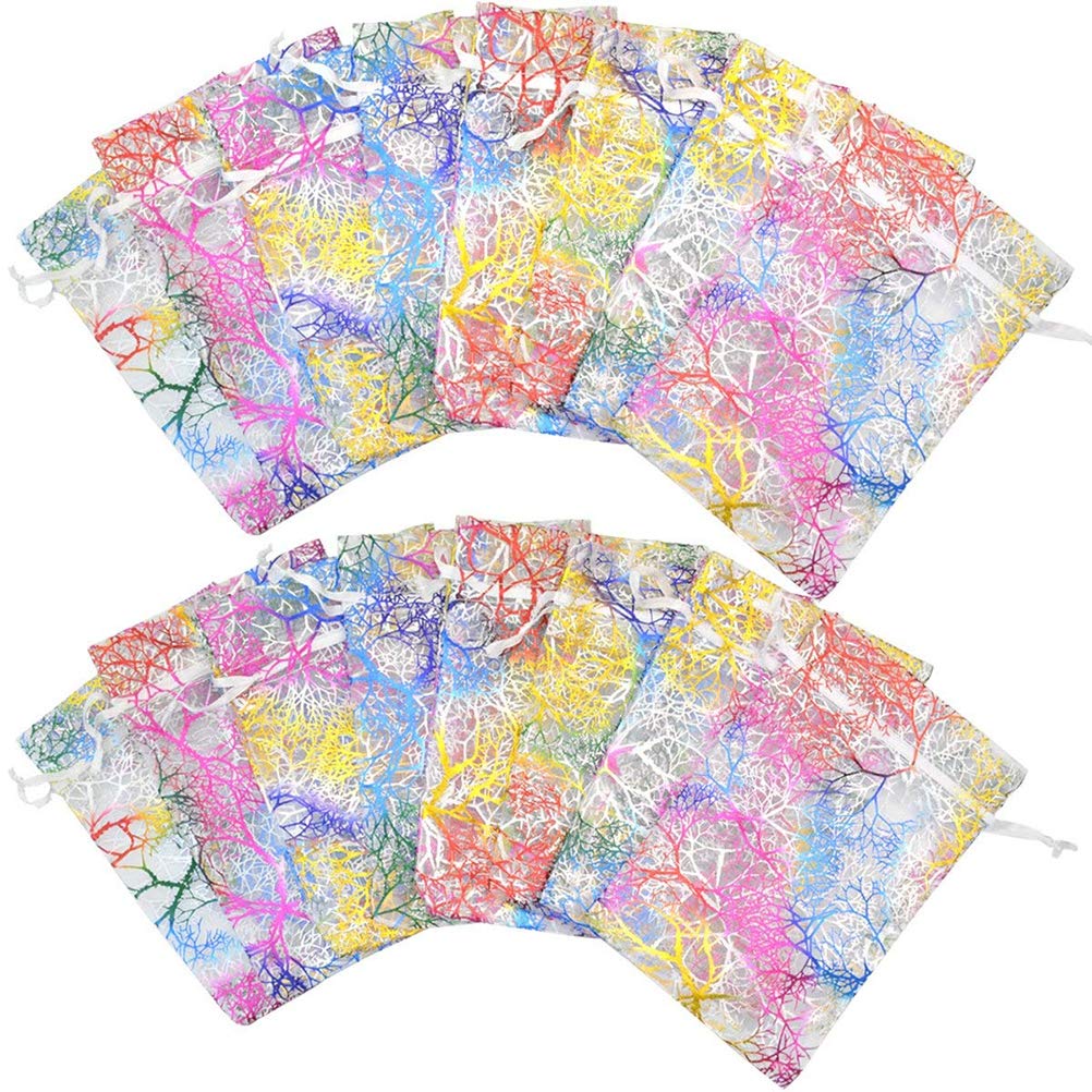 100 Pcs Coral Pattern Drawstring Organza Candy Bag Mixed Color Gift Bag Jewelry Bags Chocolate Bag Wedding Favor Christmas Gift