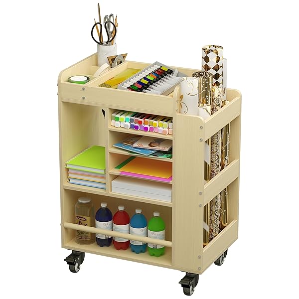 ART CART ROLLING WOOD, ARTS AND CRAFTS SUPPLY ORGANIZER, MULTI-FUNCTIONAL STORAGE CABINET CRAFTS, DIY UTILITY CART WITH PAPER STORAGE SHELF, ART SUPPLY HOLDER FOR CLASSROOM, OFFICE, BEDROOM