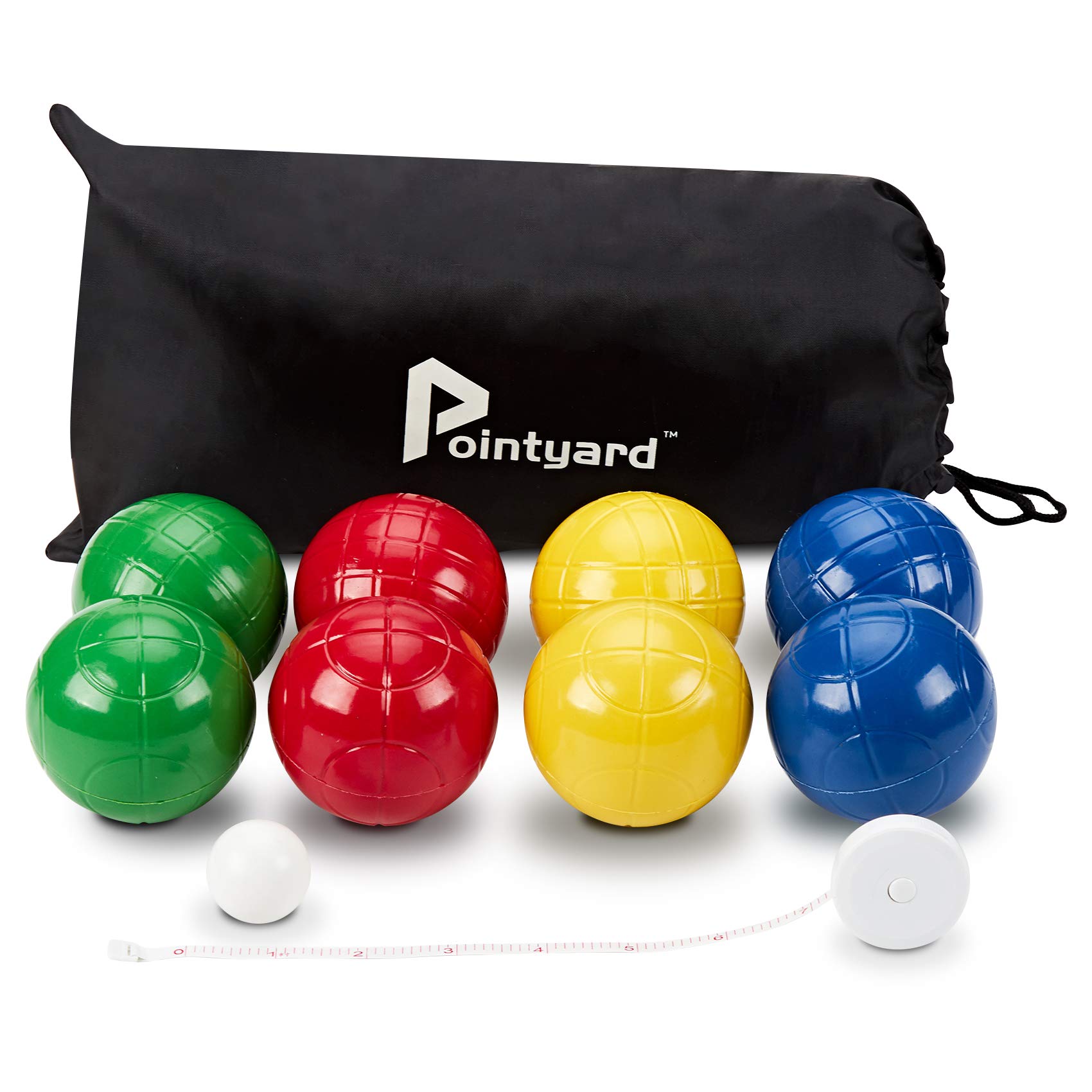 Photo 1 of Pointyard 100mm Bocce Ball Set, Regulation Bocci Ball Set with 8 PE Bocce Balls/1 Pallino/Carrying Bag/Measuring Tape - Outdoor Family Bocce Game for Backyard/Lawn/Beach (Red,Blue,Green,Yellow)