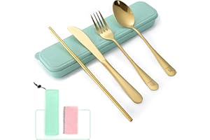 Boulder Bee | Travel Utensils Set | Reusable Camping Cutlery Set | Stainless Steel Flatware Set | Portable Silverware Set with Case | Includes Knife/Fork/Spoon/Straw/Cleaning Cloth/Case (Gold)