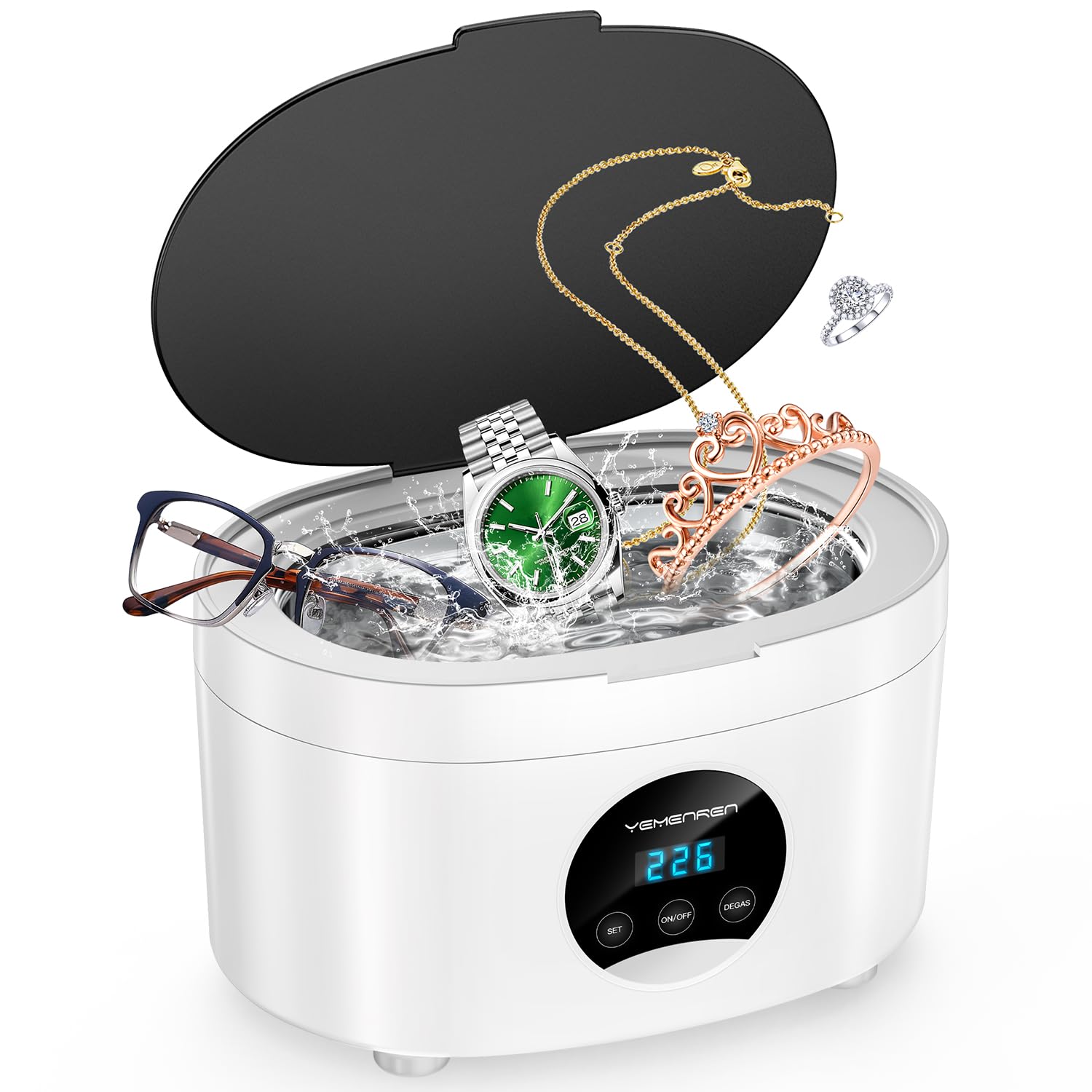 YEMENREN 超音波洗浄機 600ml 大容量 48,000Hz 小型家用 5段階タイマー設定 クリーナーダメージなしメガネ 貴金属 入れ歯 シェーバー マウスピースの洗浄 時計ホルダー、クリーニングバスケット付 (ホワイト)商品画像